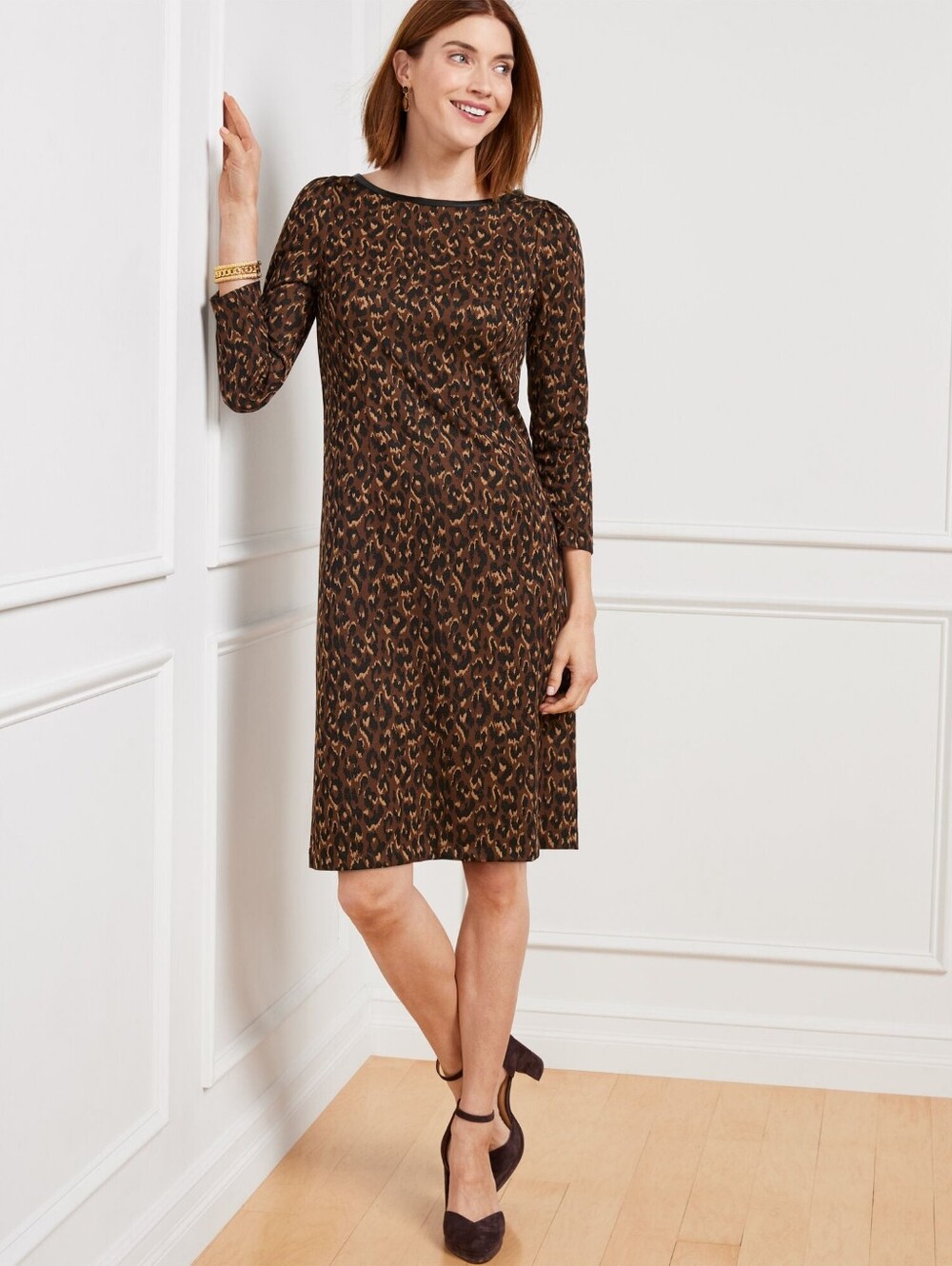 Talbots Faux Leather A-line Dress Fall Brown Leopard Knit Size 16 Classic